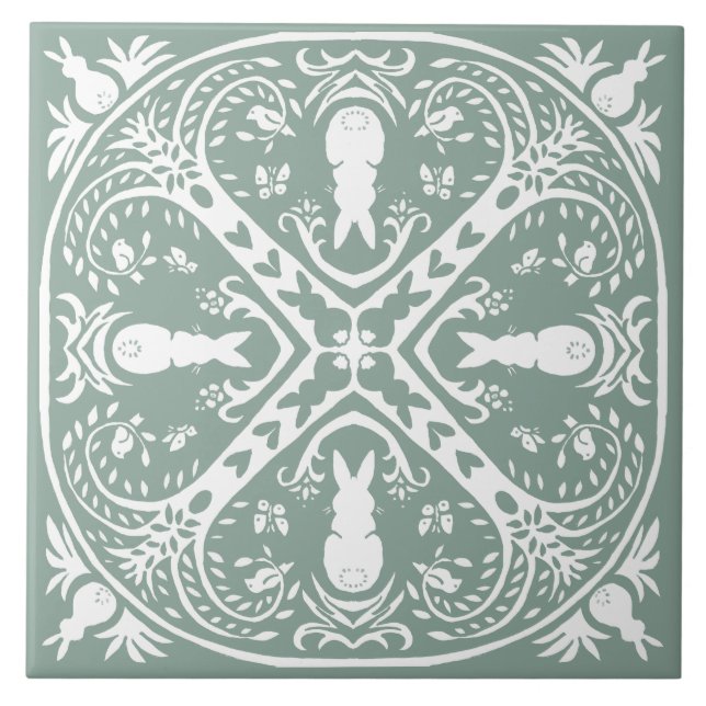 Carreau Sage Green Rabbit Intricate Bunny Motif unique (Devant)