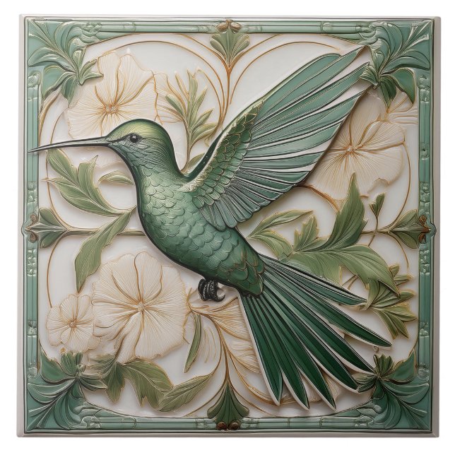 Carreau Sage vert faux relief Art Nouveau Hummingbird (Devant)