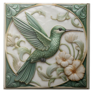 Carreau Sage vert faux relief Art Nouveau Hummingbird