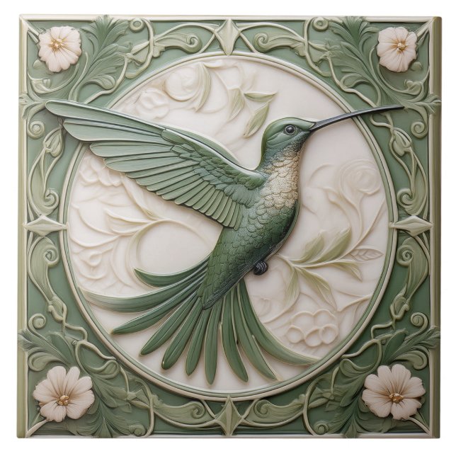 Carreau Sage vert faux relief Art Nouveau Hummingbird R (Devant)