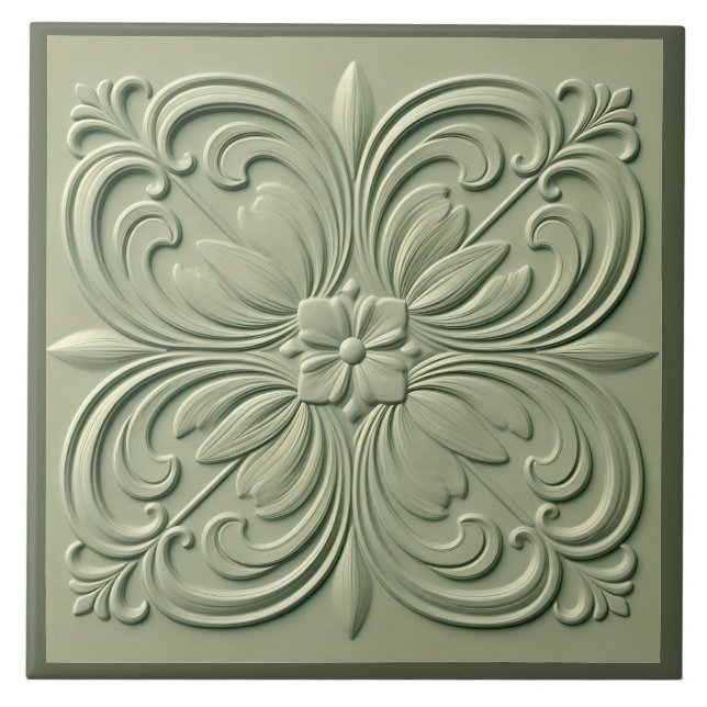 Carreau Sage Vert Floral Faux Relief Décor (Devant)