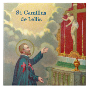Carreau Saint Camille priant devant un crucifix (M 020)