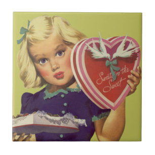 Carreau Saint-Valentin Mignon Vintage, Fille avec Chocolat