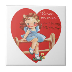 Carreau Saint-Valentin rétro, Fille vintage sur une clôtur