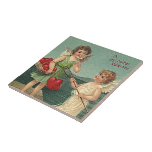 Carreau Saint-Valentin vintage, Anges pêchant des cœurs