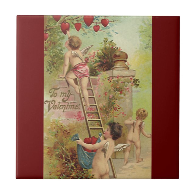 Carreau Saint-Valentin vintage, de mignons chérubins grimp (Devant)