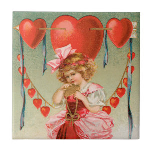 Carreau Saint-Valentin vintage, fille victorienne avec coe