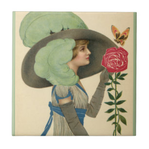 Carreau Saint-Valentin vintage, Papillon Rose rouge dame