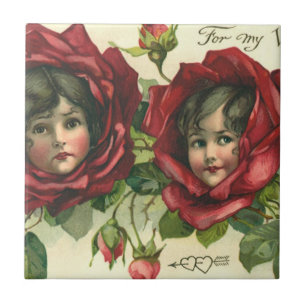 Carreau Saint-Valentin vintage, visages victoriens dans le