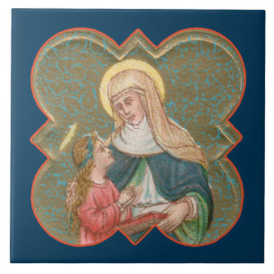 Carreau Sainte Anne et la Vierge dans un quatrefeuilles ba