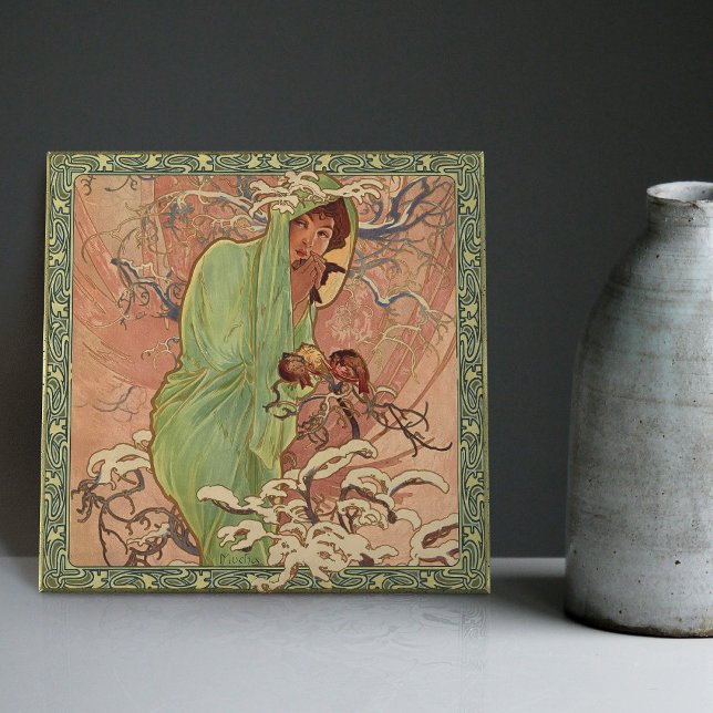 Carreau Saison d'hiver Alphonse Mucha Art Nouveau Vintage (Créateur téléchargé)