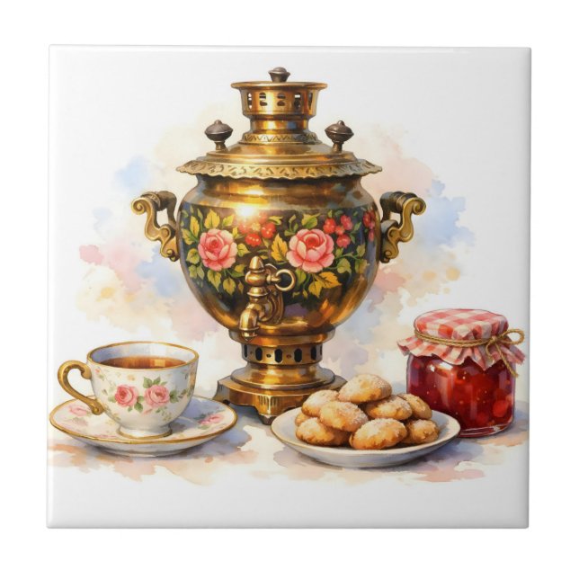 Carreau Samovar russe aquarelle avec biscuits et confiture (Devant)