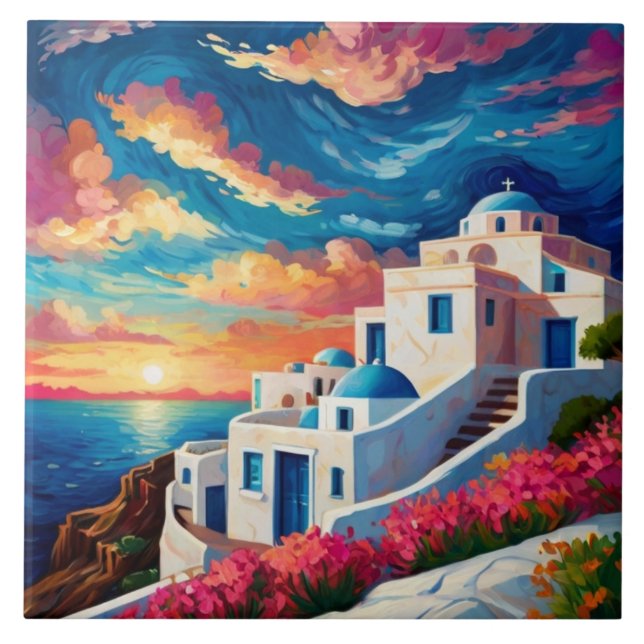 Carreau Santorin coucher de soleil, Grèce - Fleurs roses c (Devant)