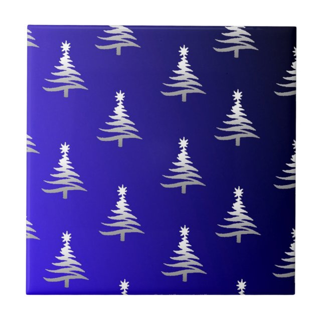 Carreau Sapins de Noël Argent sur Bleu Cobalt (Devant)