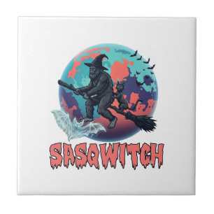 Carreau Sasqwitch Bigfoot Balai de Sorcière Chat Noir Lune