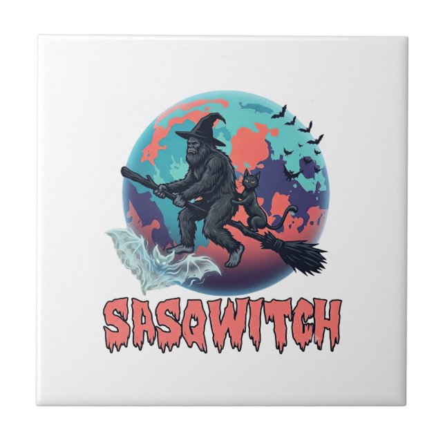 Carreau Sasqwitch Bigfoot Balai de Sorcière Chat Noir Lune (Devant)