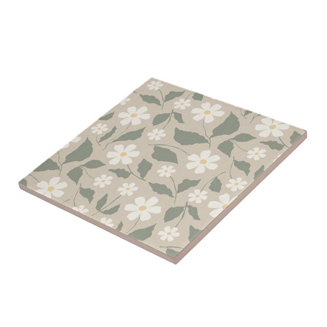 Carreau Scandi Moderne Daisy Floral Beige Doux & Vert (Côté)