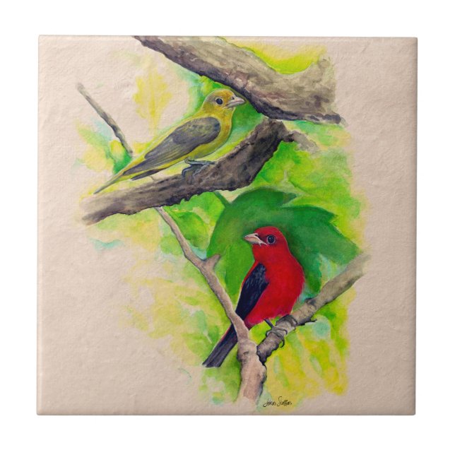 Carreau Scarlet Tanagers Oiseaux Aquarelle Peinture cérami (Devant)