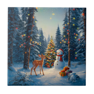 Carreau Scène d'arbre de Noël Cerf Faon Bonhomme de neige