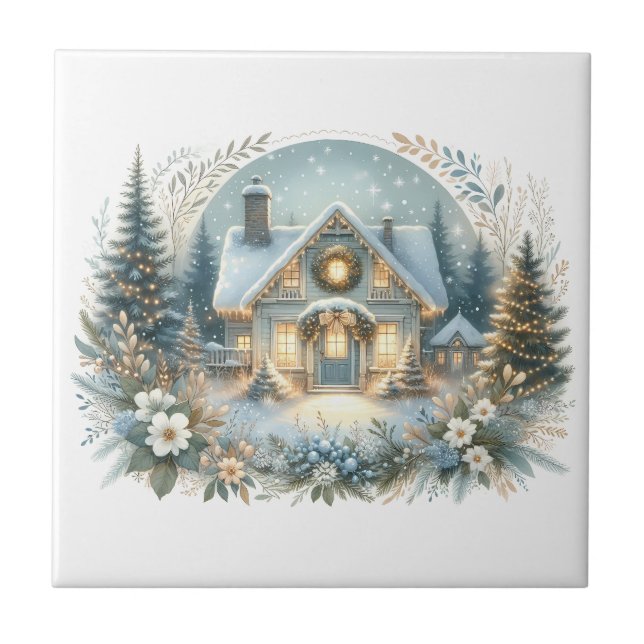 Carreau Scène de cabane enneigée lumineuse (Devant)