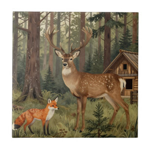 Carreau Scène de cabane forestière avec cerf et renard