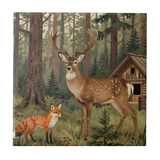 Carreau Scène de cabane forestière avec cerf et renard (Devant)
