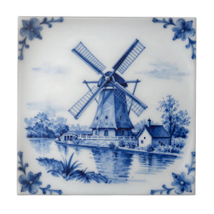 Carreau Scène de canal classique avec moulin à vent bleu d