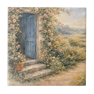 Carreau Scène de chemin fleuri à la porte bleue du jardin