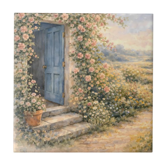 Carreau Scène de chemin fleuri à la porte bleue du jardin  (Devant)