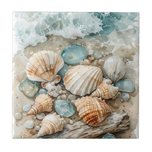 Carreau Scène de coquillages de bord de mer à l'aquarelle 