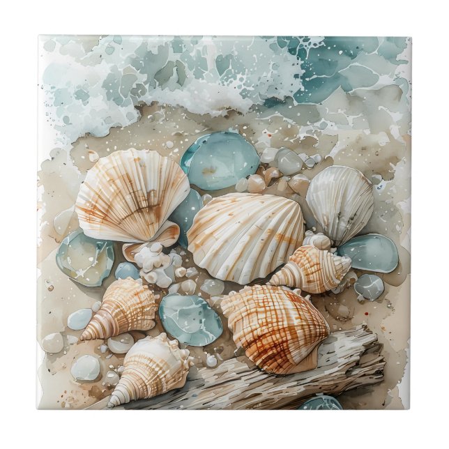 Carreau Scène de coquillages de bord de mer à l'aquarelle  (Devant)