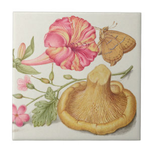 Carreau Scène de jardin avec fleurs, papillon et champigno
