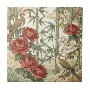 Carreau Scène de jardin oriental pivoines oiseaux bambou