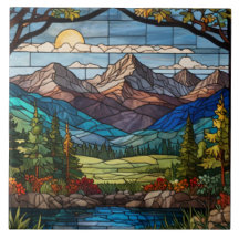 Scène de montagne boisée en verre teinté vintage