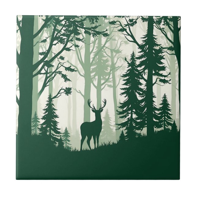 Carreau Scène de nature silhouette de forêt de cerfs (Devant)