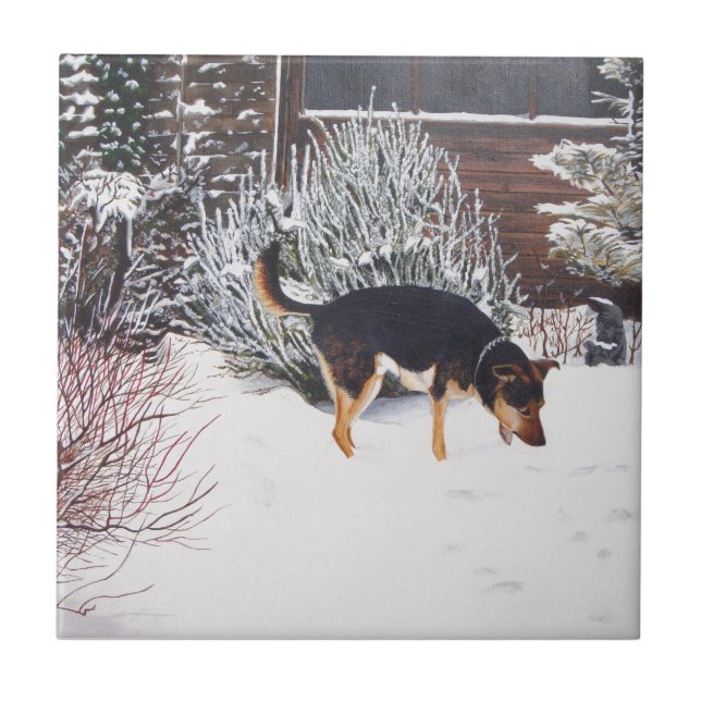 Carreau Scène de neige d'hiver avec le chien noir et (Devant)