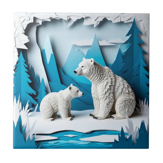 Carreau Scène de papercraft d'ours polaires dans une forêt (Devant)