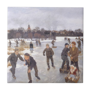 Carreau Scène de patinage hivernal antique dans un village