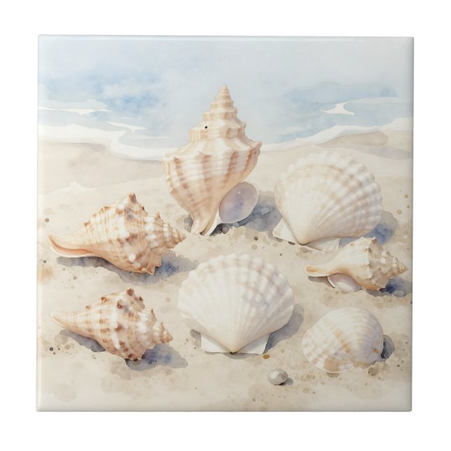 Carreau Scène de plage aux coquillages à l'aquarelle (Devant)