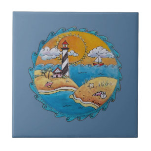 Carreau Scène de plage de phare fantaisiste, art folkloriq