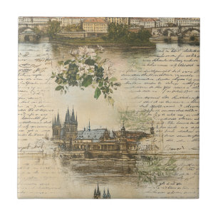 Carreau Scène de rivière européenne vintage - Écriture man