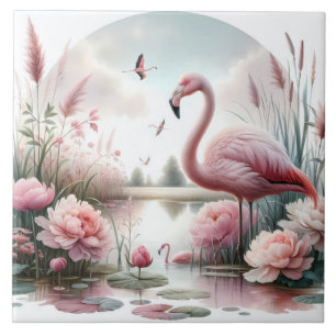 Carreau Scène florale de flamant rose dans un étang pastel