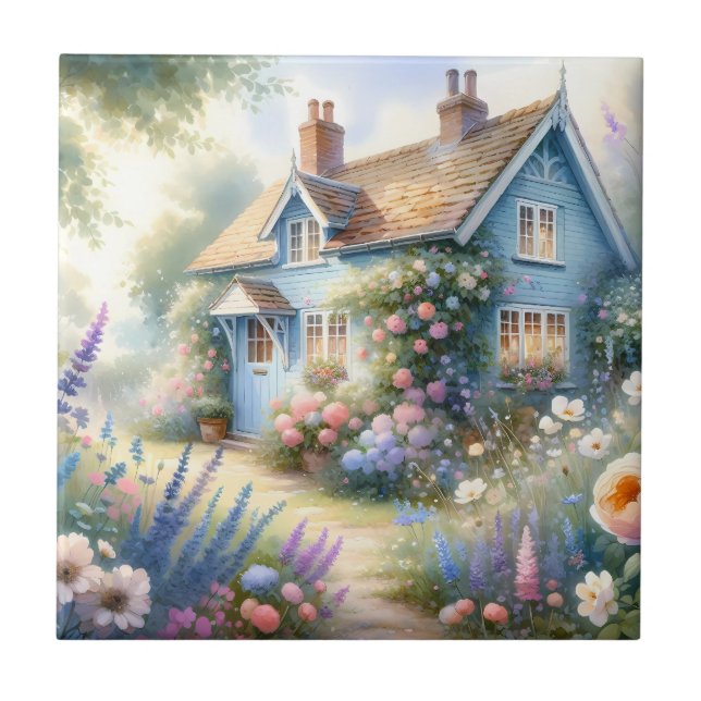 Carreau Scène florale de maison bleue de jardin de campagn (Devant)