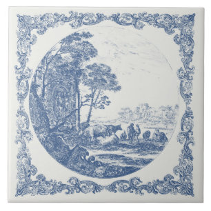 Carreau Scène idyllique de vie rurale Delft Bleu Vintage