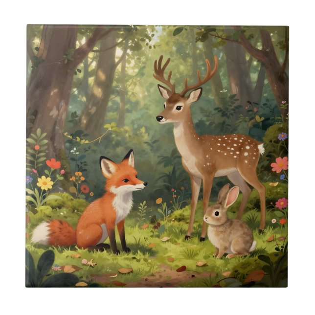 Carreau Scène mignonne d'animaux de la forêt (Devant)