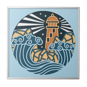 Carreau Scène nocturne océanique phare nautique