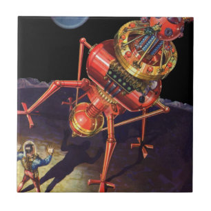 Carreau Science-fiction vintage d'astronaute avec robot Al