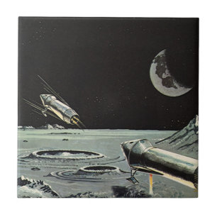 Carreau Science-fiction vintage, fusées spatiales Lune Pla