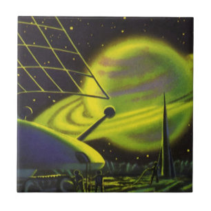 Carreau Science-fiction vintage Neon Green Planet w Rings