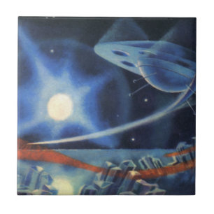 Carreau Science-fiction vintage Planète bleue avec vaissea